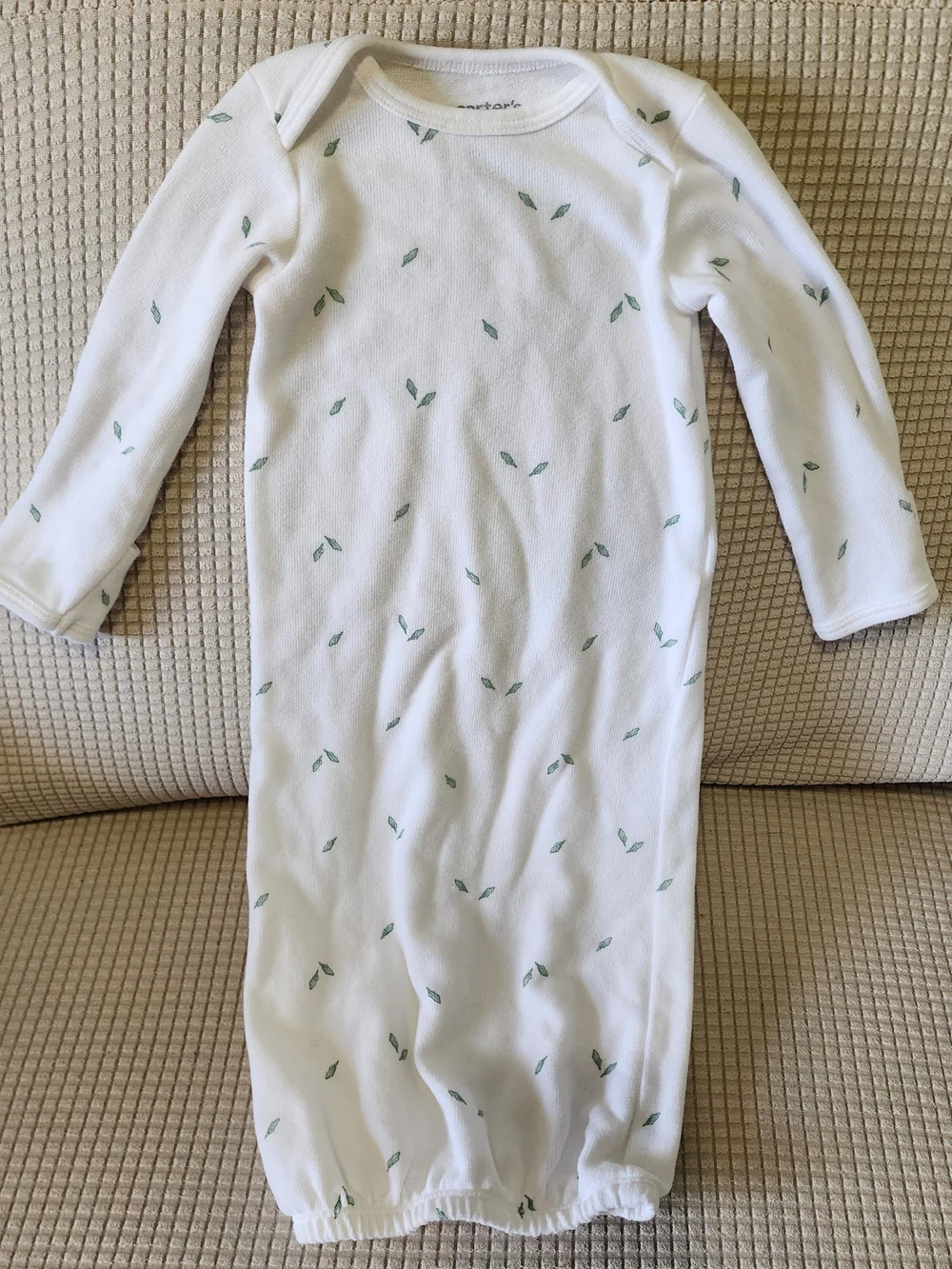 Carter's 0-3M White Baby Sleep Gown with Green Leaf Print.